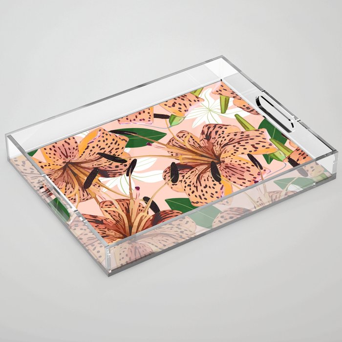 Tiger Lillies, Tropical Blush Botanical Illustration, Polka Dots Nature Vibrant Floral Jungle Acrylic Tray