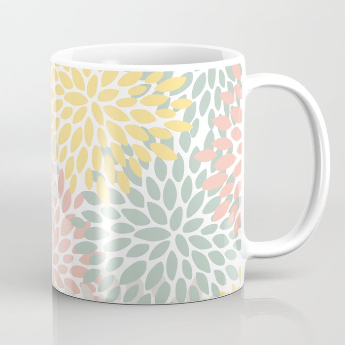 Festive, Abstract, Floral Prints, Coral, Green, Yellow Coffee Mug