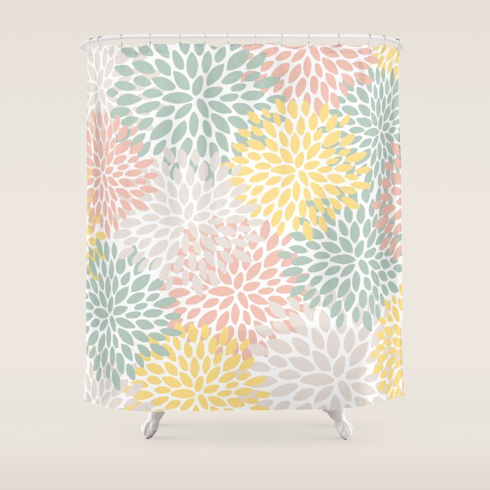 Festive, Abstract, Floral Prints, Coral, Green, Yellow Shower Curtain