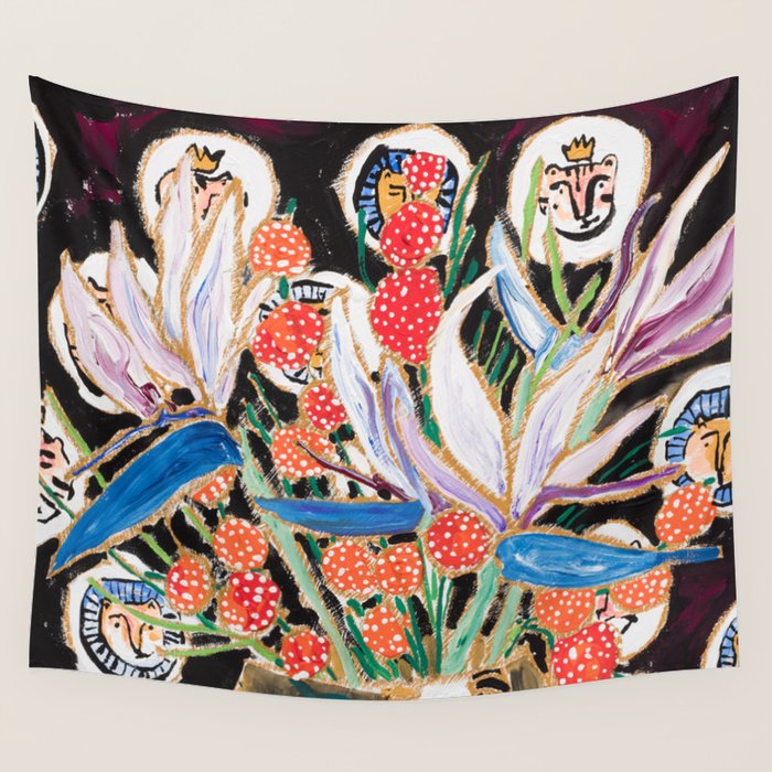 Lions And Tigers Dark Floral Still Life Painting Wall Tapestry