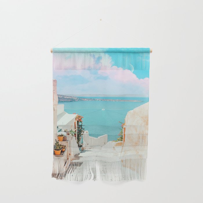 Surreal Greece, Tropical Travel Scenic Photography, Colorful Pastel Landscape Bohemian Architecture Wall Hanging