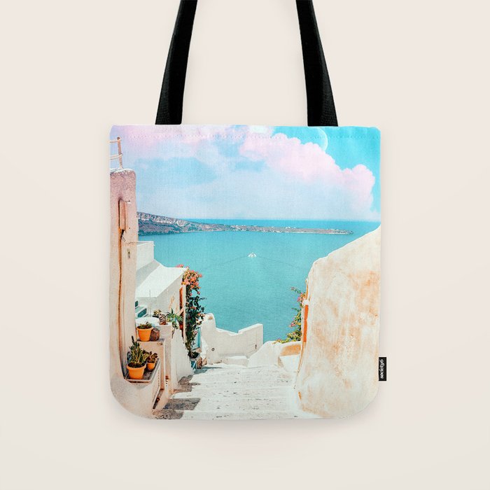 Surreal Greece, Tropical Travel Scenic Photography, Colorful Pastel Landscape Bohemian Architecture Tote Bag
