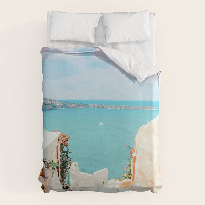 Surreal Greece, Tropical Travel Scenic Photography, Colorful Pastel Landscape Bohemian Architecture Duvet Cover