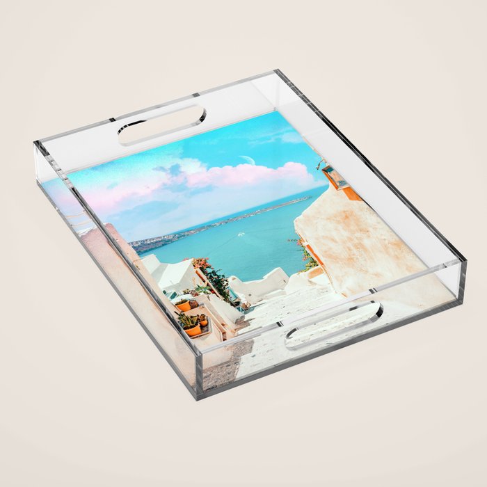 Surreal Greece, Tropical Travel Scenic Photography, Colorful Pastel Landscape Bohemian Architecture Acrylic Tray
