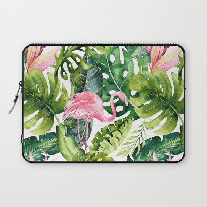 Flamingo Tropical, Colorful Tropical Jungle Monstera Painting, Watercolor Birds Banana Leaves Laptop Sleeve