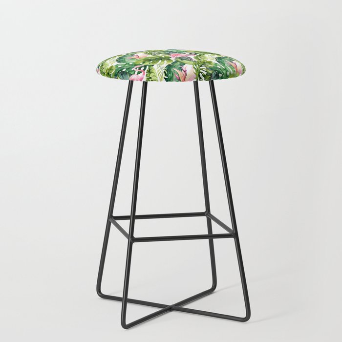 Flamingo Tropical, Colorful Tropical Jungle Monstera Painting, Watercolor Birds Banana Leaves Stool