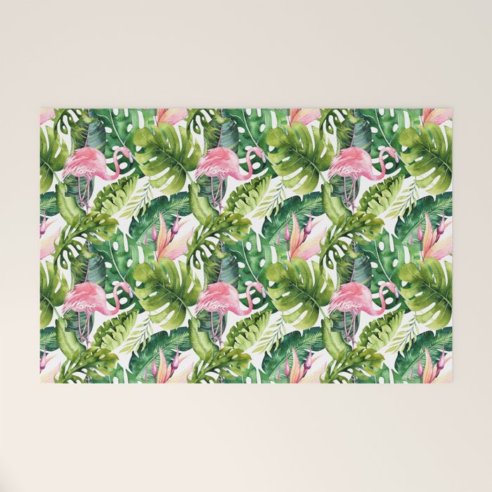 Flamingo Tropical, Colorful Tropical Jungle Monstera Painting, Watercolor Birds Banana Leaves Welcome Mat