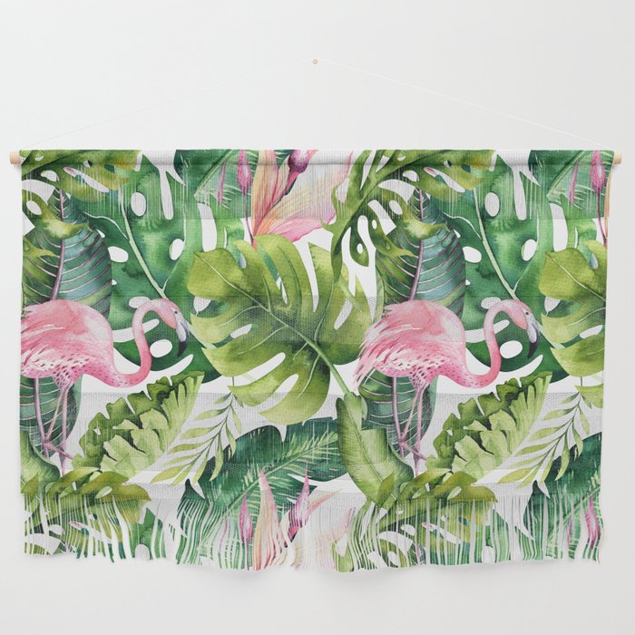 Flamingo Tropical, Colorful Tropical Jungle Monstera Painting, Watercolor Birds Banana Leaves Wall Hanging