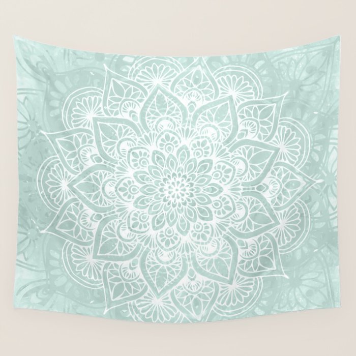 Mandala, Yoga, Love, Flower Of Life, Teal Green Wall Tapestry