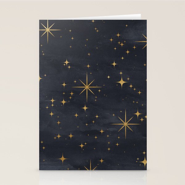 Gold Stars Black Ink Night Sky Magical Mid Century Pattern Stationery Card