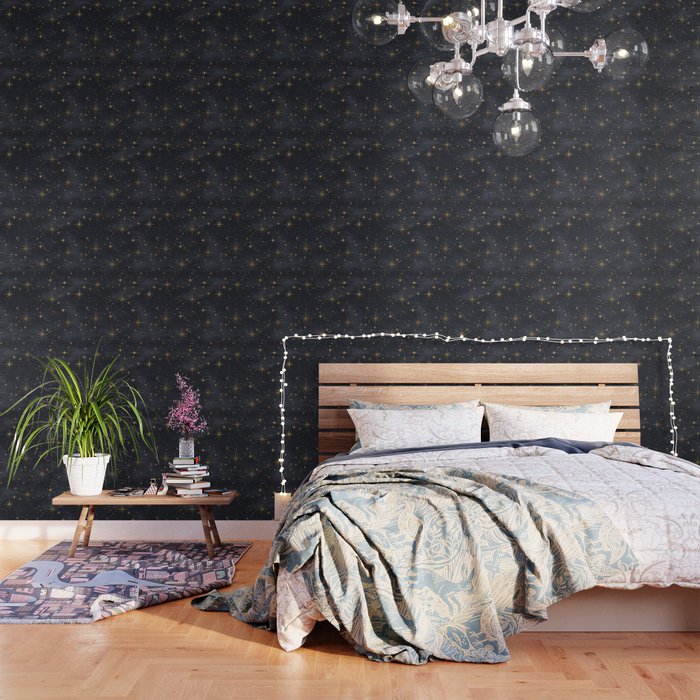 Gold Stars Black Ink Night Sky Magical Mid Century Pattern Wallpaper
