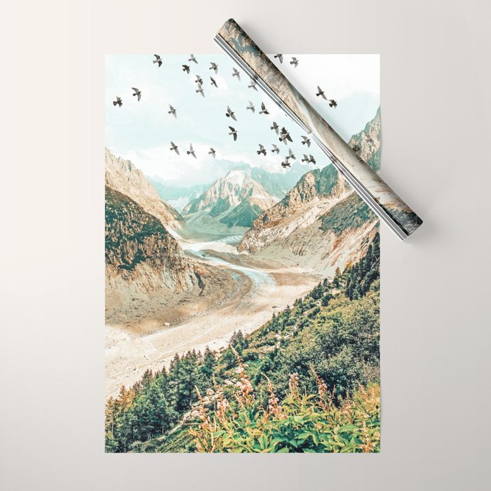 Apricity, Scenic Neutral Pastel Nature Travel Photography, Mountains Exotic Birds Landscape Path Wrapping Paper