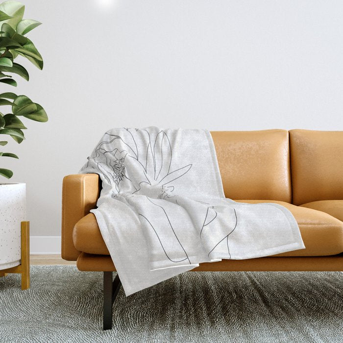 Minimal Line Art Woman Flower Head Throw Blanket