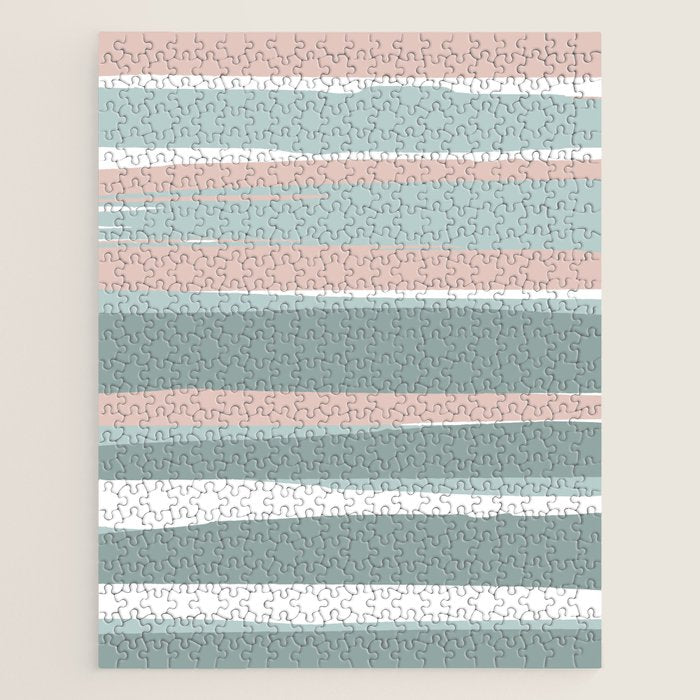 Festive, Abstract, Stripes Pattern, Pink, Green, White Jigsaw Puzzle