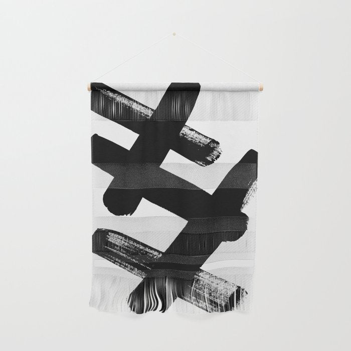 X Black & White Minimalist Abstract Mid Century Ink Art Dark Brush Strokes Wall Hanging