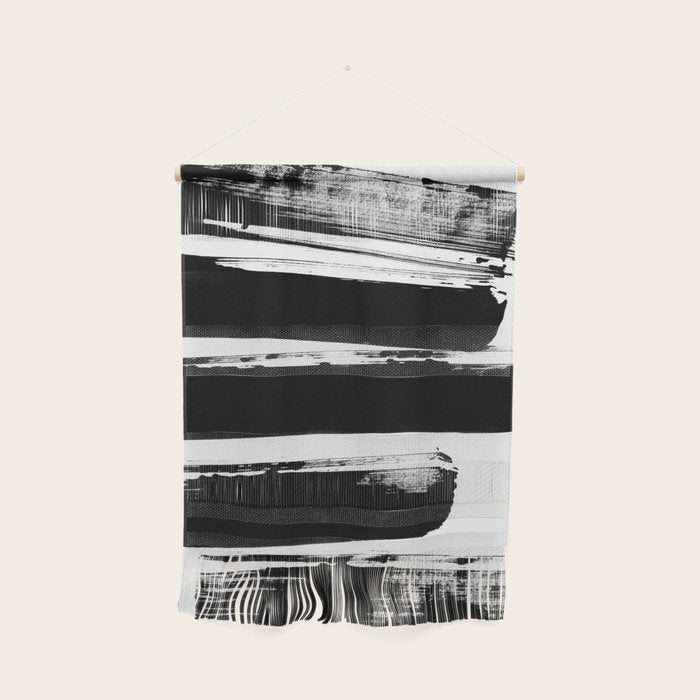 Stripes Black & White Minimalist Abstract Mid Century Ink Art Dark Brush Strokes Wall Hanging