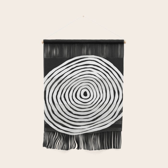 Black & White Minimalist Mid Century Abstract Ink Line Spiral Hypnotic Circle Wall Hanging