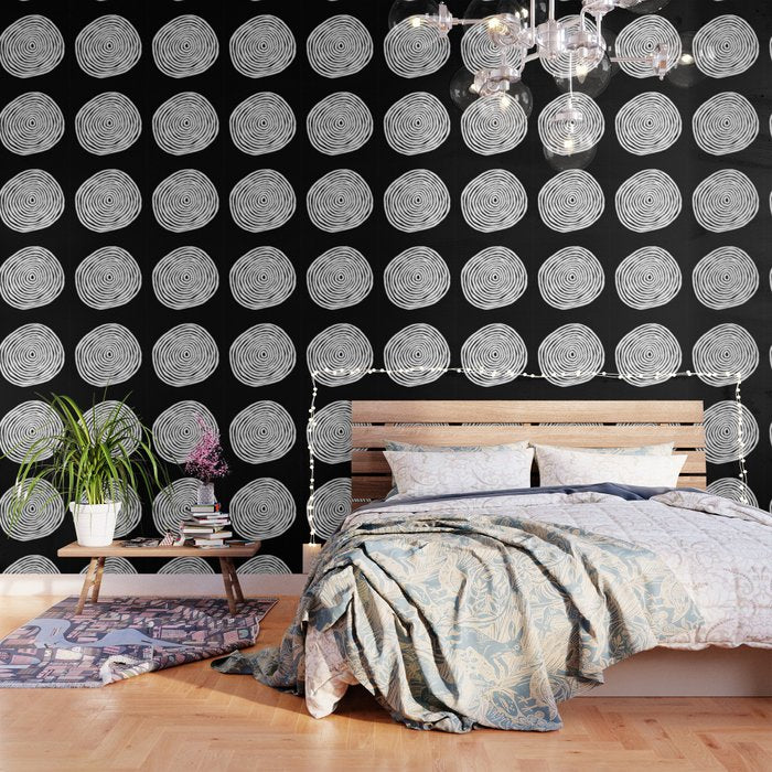 Black & White Minimalist Mid Century Abstract Ink Line Spiral Hypnotic Circle Wallpaper