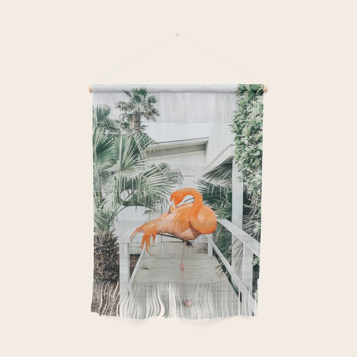 Flamingo Beach House, Wildlife Architecture Jungle Photography, Eclectic Birds Digital Art Wall Hanging