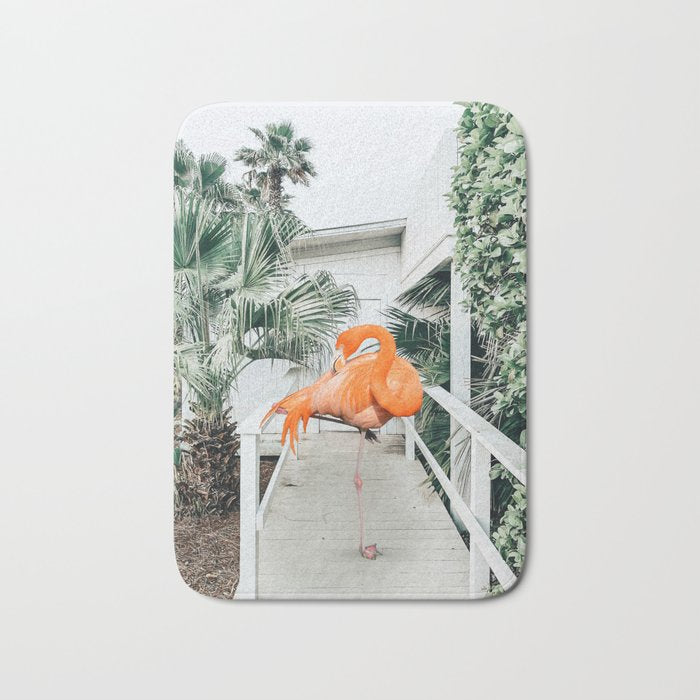 Flamingo Beach House, Wildlife Architecture Jungle Photography, Eclectic Birds Digital Art Bath Mat