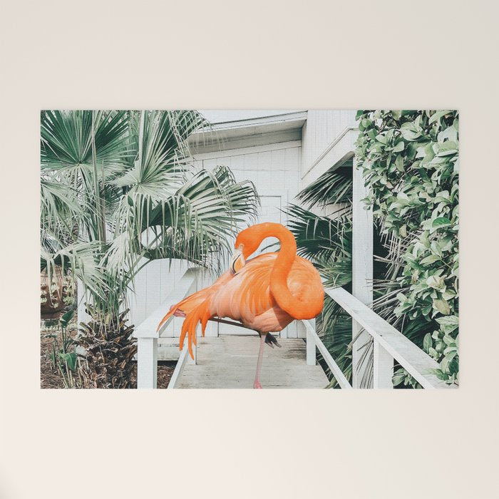 Flamingo Beach House, Wildlife Architecture Jungle Photography, Eclectic Birds Digital Art Welcome Mat