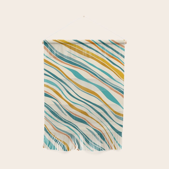 Teal And Gold Ocean Stripes Wall Hanging