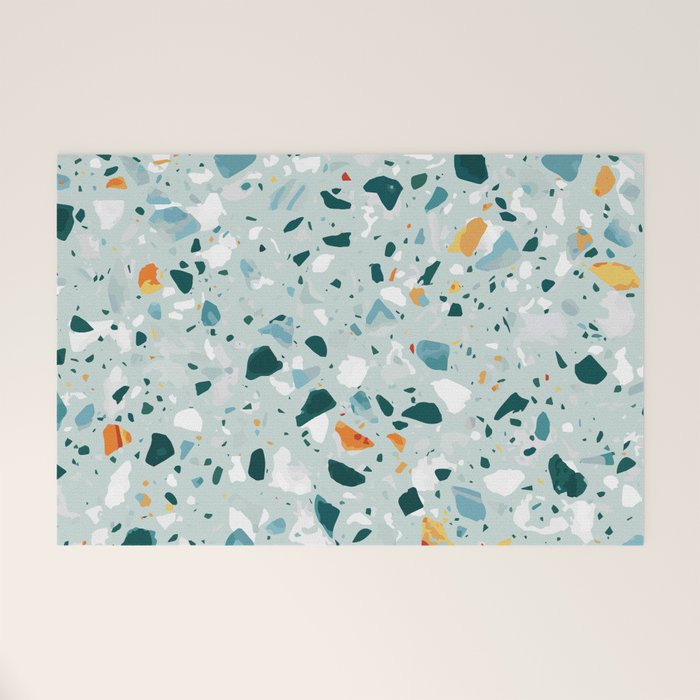 Mint Terrazzo, Eclectic Marble Texture Pattern, Colorful Neutral Pastel Illustration, Floor Tiles Welcome Mat