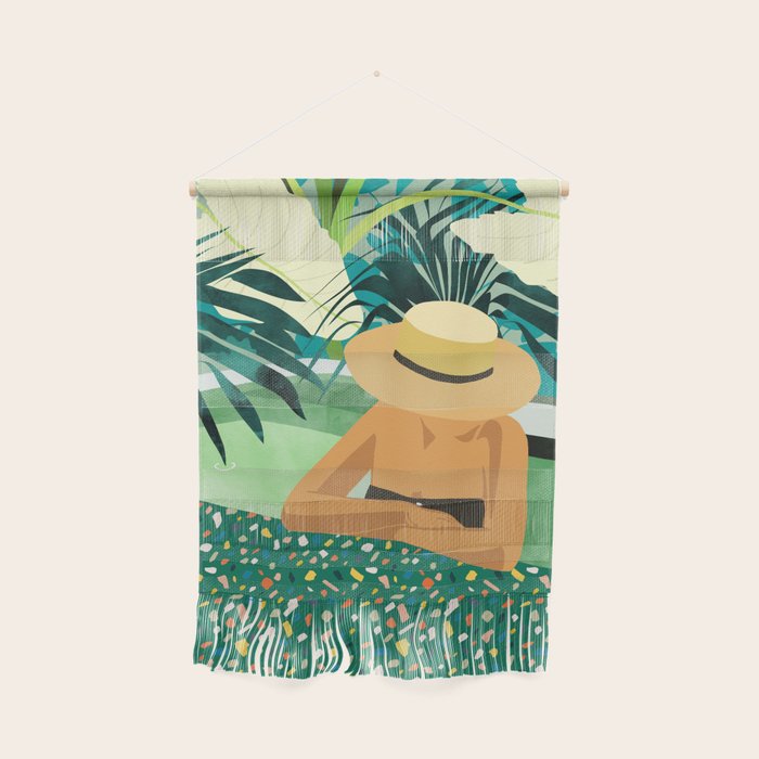 Chill, Modern Bohemian Black Woman Travel Illustration | Terrazzo Tropical Swimming Pool Fashion Wall Hanging