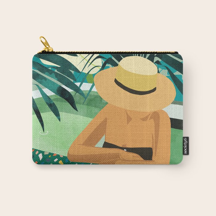 Chill, Modern Bohemian Black Woman Travel Illustration | Terrazzo Tropical Swimming Pool Fashion Carry All Pouch