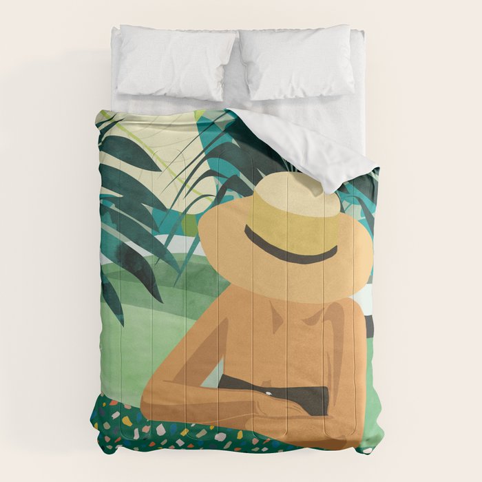 Chill, Modern Bohemian Black Woman Travel Illustration | Terrazzo Tropical Swimming Pool Fashion Comforter