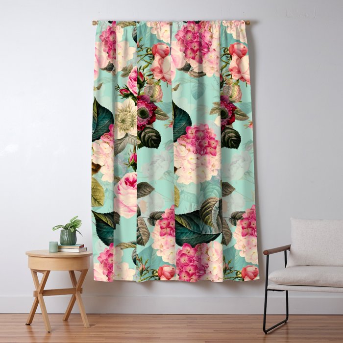 Vintage & Shabby Chic - Summer Teal Roses Flower Garden Window Curtain