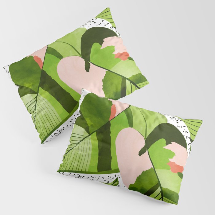 Blushing Leaves Watercolor Painting, Colorful Botanical Illustration, Tropical Modern Bohemian Pillow Sham