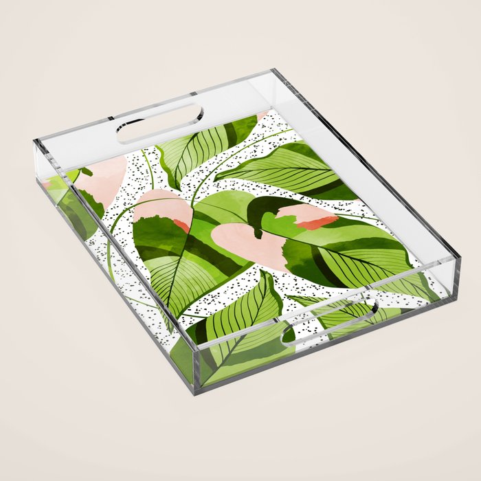 Blushing Leaves Watercolor Painting, Colorful Botanical Illustration, Tropical Modern Bohemian Acrylic Tray
