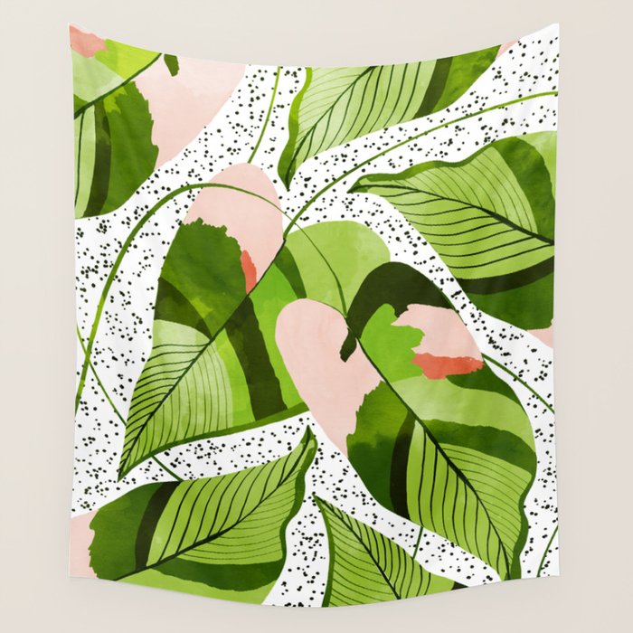 Blushing Leaves Watercolor Painting, Colorful Botanical Illustration, Tropical Modern Bohemian Wall Tapestry
