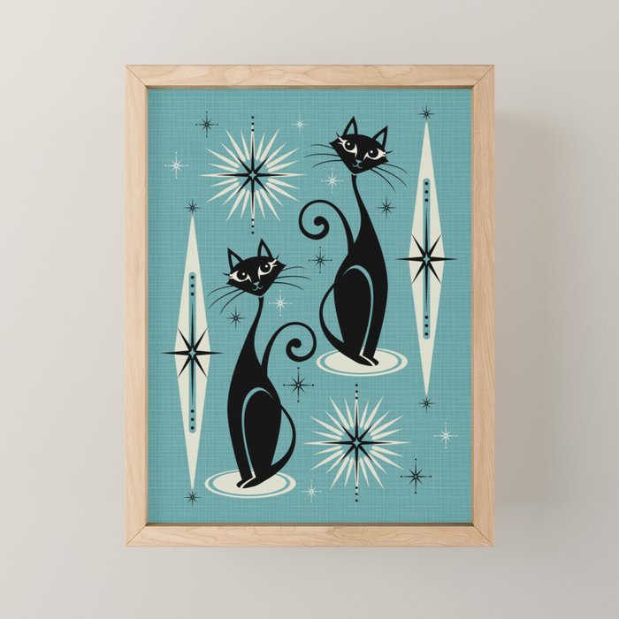 Mid Century Meow Retro Atomic Cats On Blue Mini Art Print