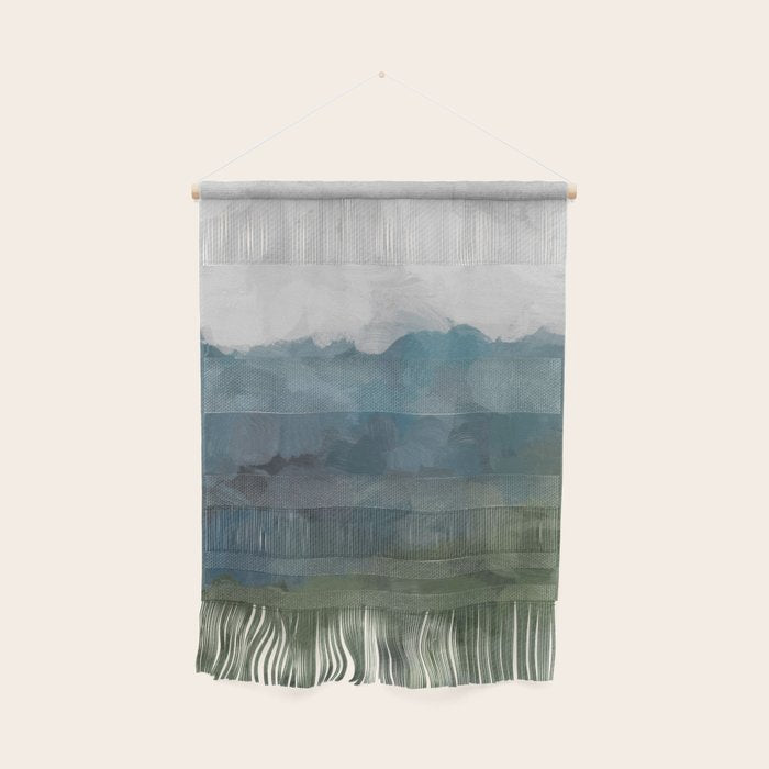 Journey Into The Mountains - Gray Blue Navy Indigo Sage Leafy Green Sky Forest Abstract Painting, Wall Hanging