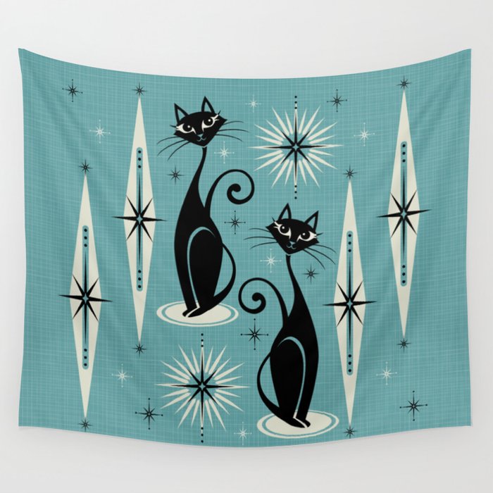 Mid Century Meow Retro Atomic Cats On Blue Wall Tapestry