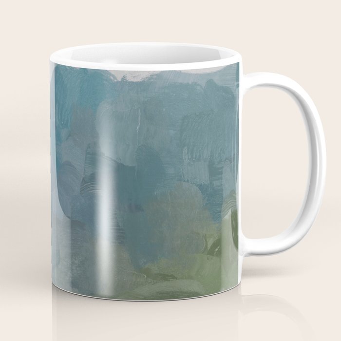 Journey Into The Mountains - Gray Blue Navy Indigo Sage Leafy Green Sky Forest Abstract Painting, Coffee Mug
