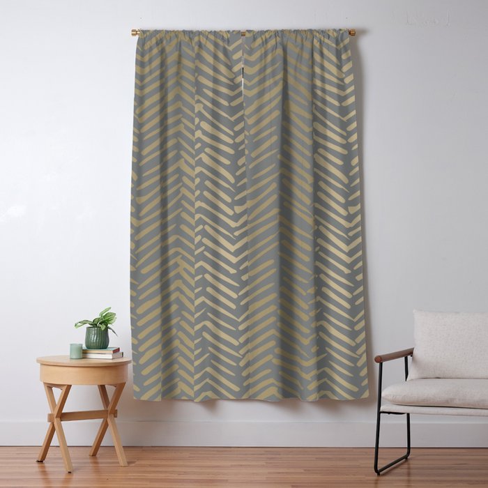Herringbone, Boho, Mudcloth Pattern, Grey And Gold Window Curtain