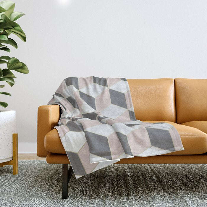 Geometric Art, Marble, Blush Pink, Gray, Abstract Art Throw Blanket