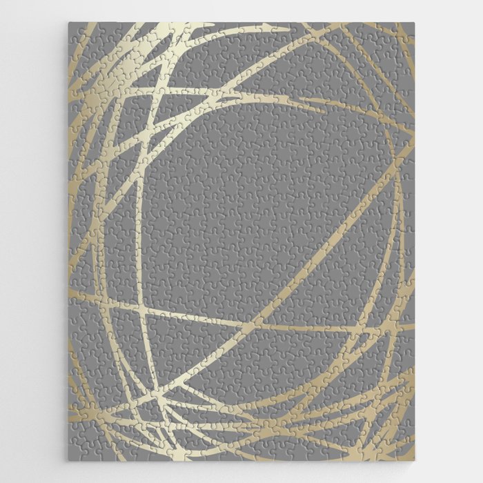 Gold And Gray Circles And Swirls Striped Abstract Pattern Jigsaw Puzzle