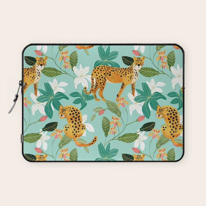Cheetah Jungle, Wildlife Nature Wild Cats Tigers Leopard Botanical Animals Mint Quirky Illustration Laptop Sleeve