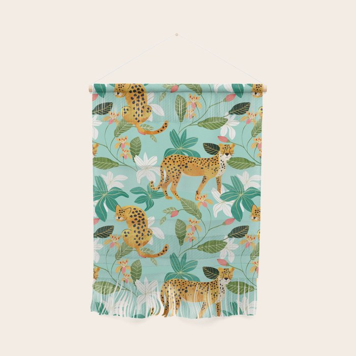 Cheetah Jungle, Wildlife Nature Wild Cats Tigers Leopard Botanical Animals Mint Quirky Illustration Wall Hanging