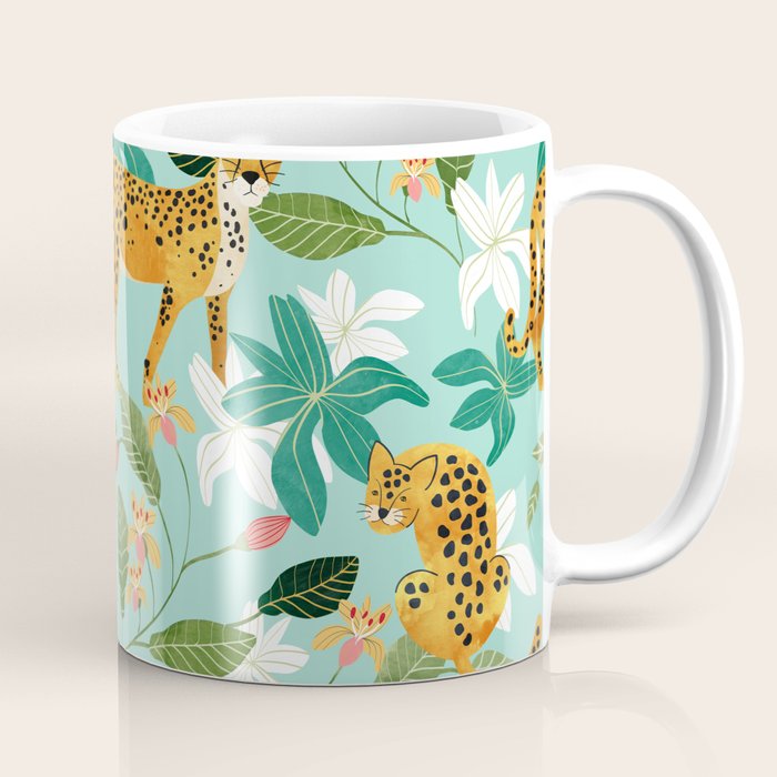 Cheetah Jungle, Wildlife Nature Wild Cats Tigers Leopard Botanical Animals Mint Quirky Illustration Coffee Mug