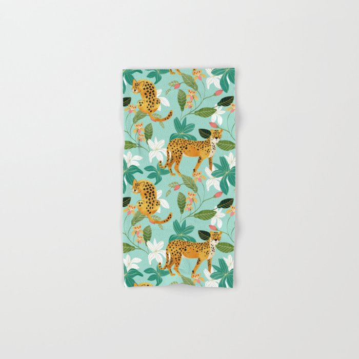 Cheetah Jungle, Wildlife Nature Wild Cats Tigers Leopard Botanical Animals Mint Quirky Illustration Bath Towel