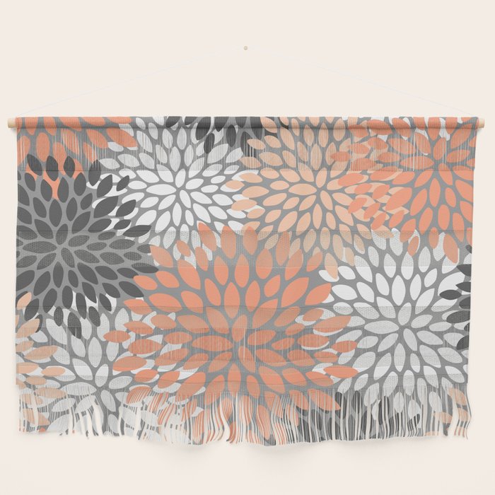 Floral Pattern, Coral, Gray, White Wall Hanging