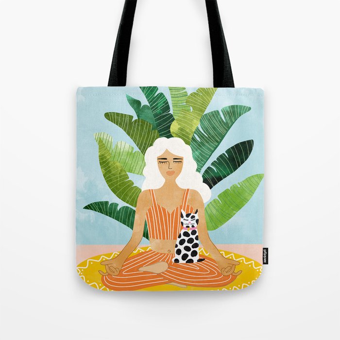 Meditation With Thy Cat Poster | Blonde Woman Of Color | Tropical Banana Leaves Quirky Pet Workout  Tote Bag