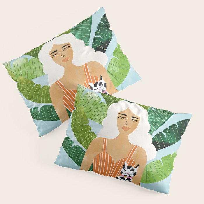 Meditation With Thy Cat Poster | Blonde Woman Of Color | Tropical Banana Leaves Quirky Pet Workout  Pillow Sham
