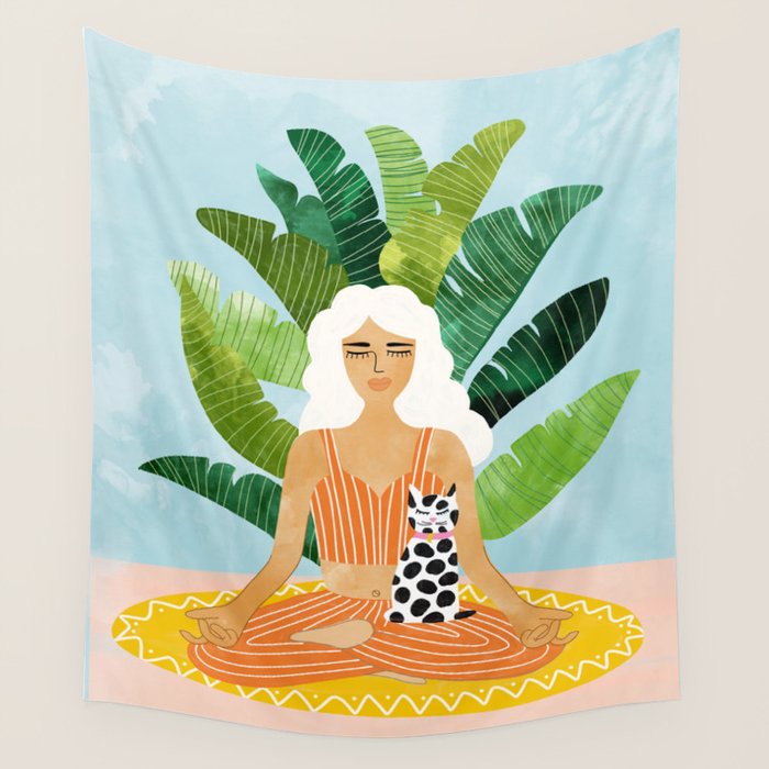 Meditation With Thy Cat Poster | Blonde Woman Of Color | Tropical Banana Leaves Quirky Pet Workout  Wall Tapestry