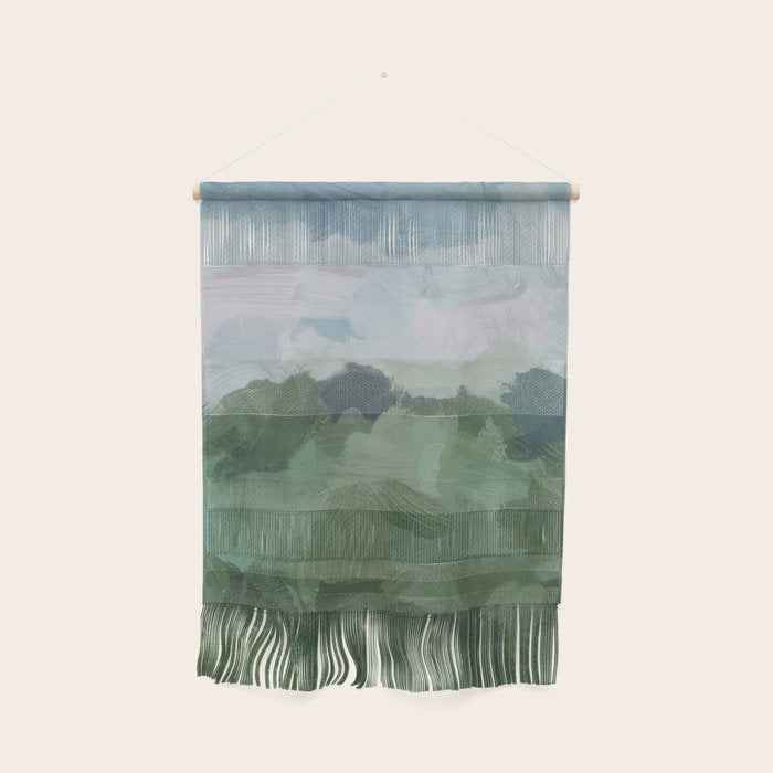 Windy Day On The Farm - Sky Blue And Sage Green Abstract Painting, Modern Rural Country Rustic Wall Hanging